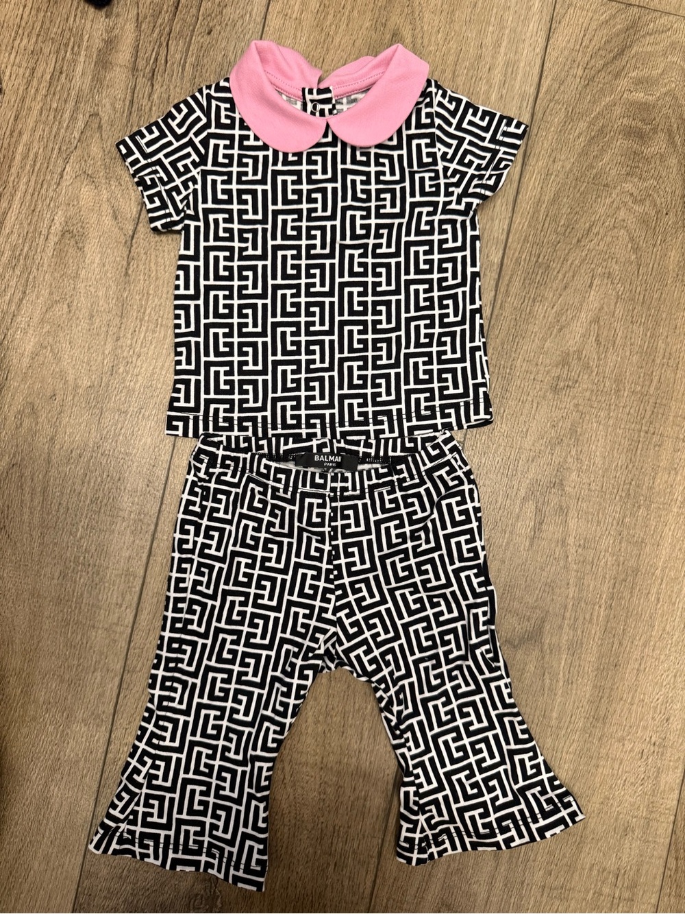 Balmain Kids Black & White Geo Pajama Set with Pink Collar
